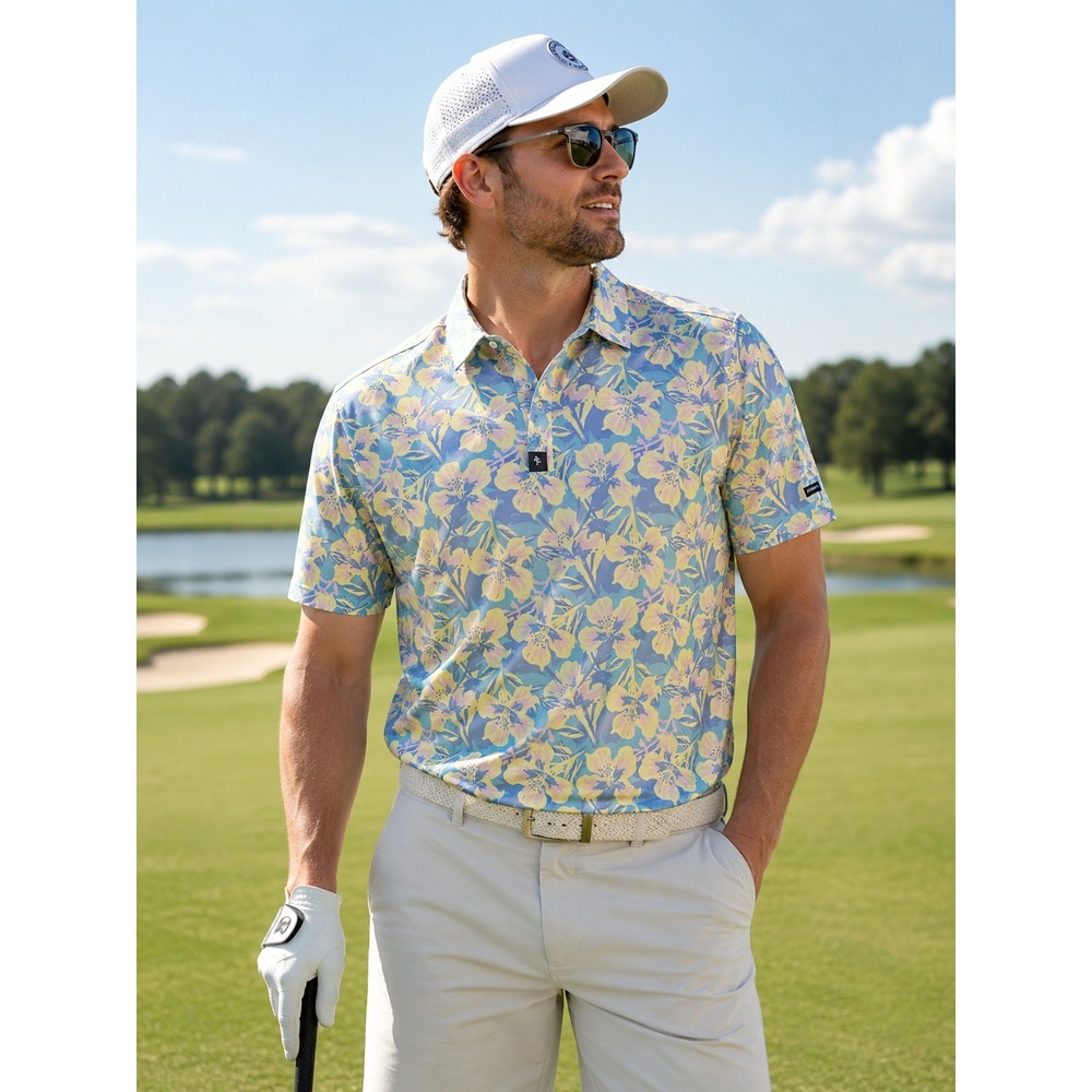 Byrdgang Men's Golf Polo 2XL Blue Yellow Floral Performance Short Sleeve Shirt